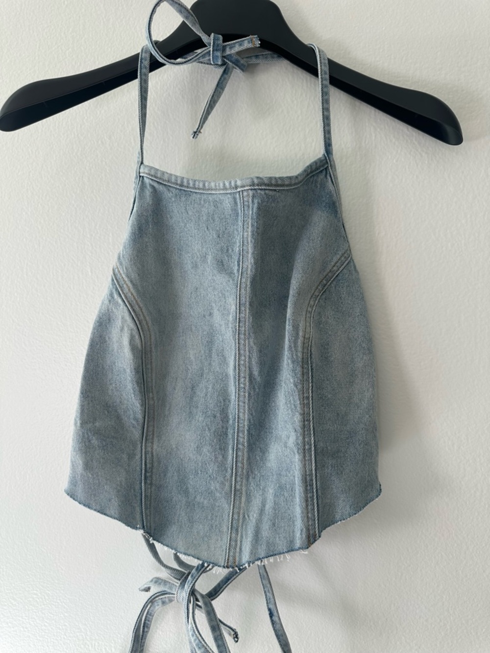 Victoria Secret PINK Denim Halter Top Lace Up Back Crop Blue Jean Size S